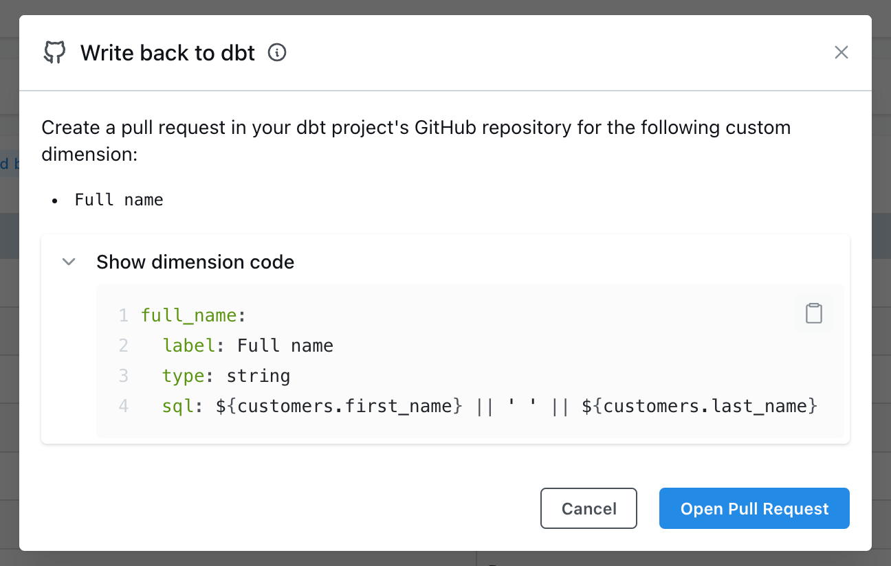 The Write back to dbt modal previewing the dimension YAML, with an Open Pull Request button