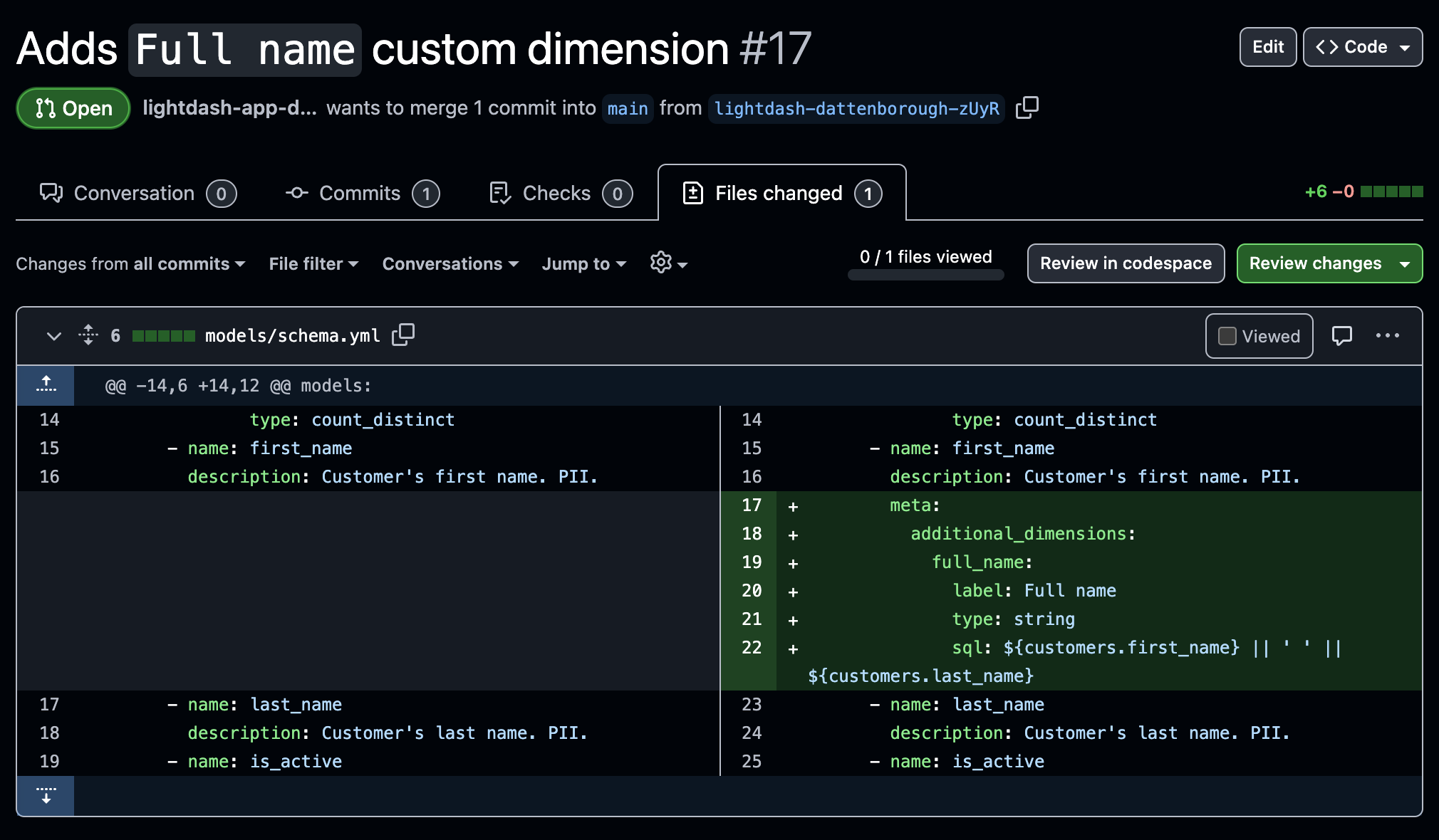 The GitHub pull request diff adding the dimension under meta.additional_dimensions in schema.yml