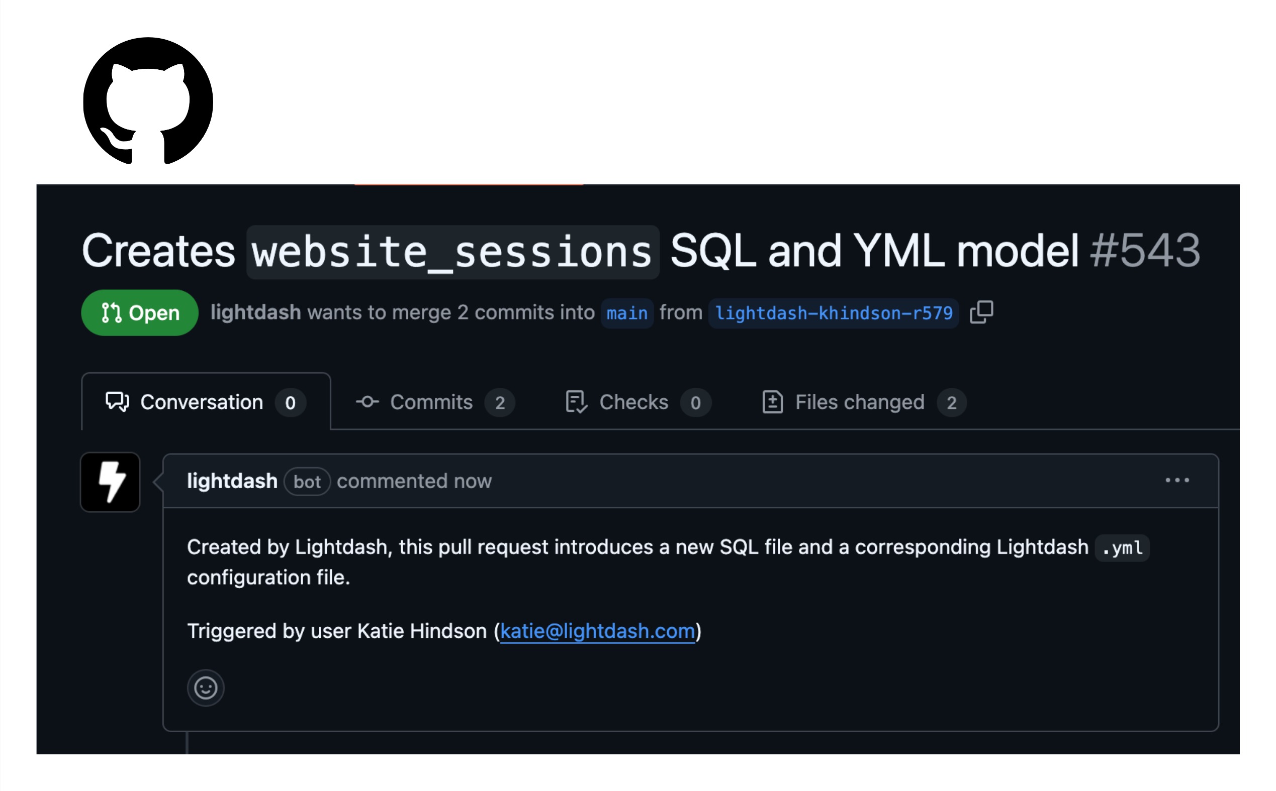 A GitHub pull request opened by Lightdash adding a SQL file and matching .yml config for a new model