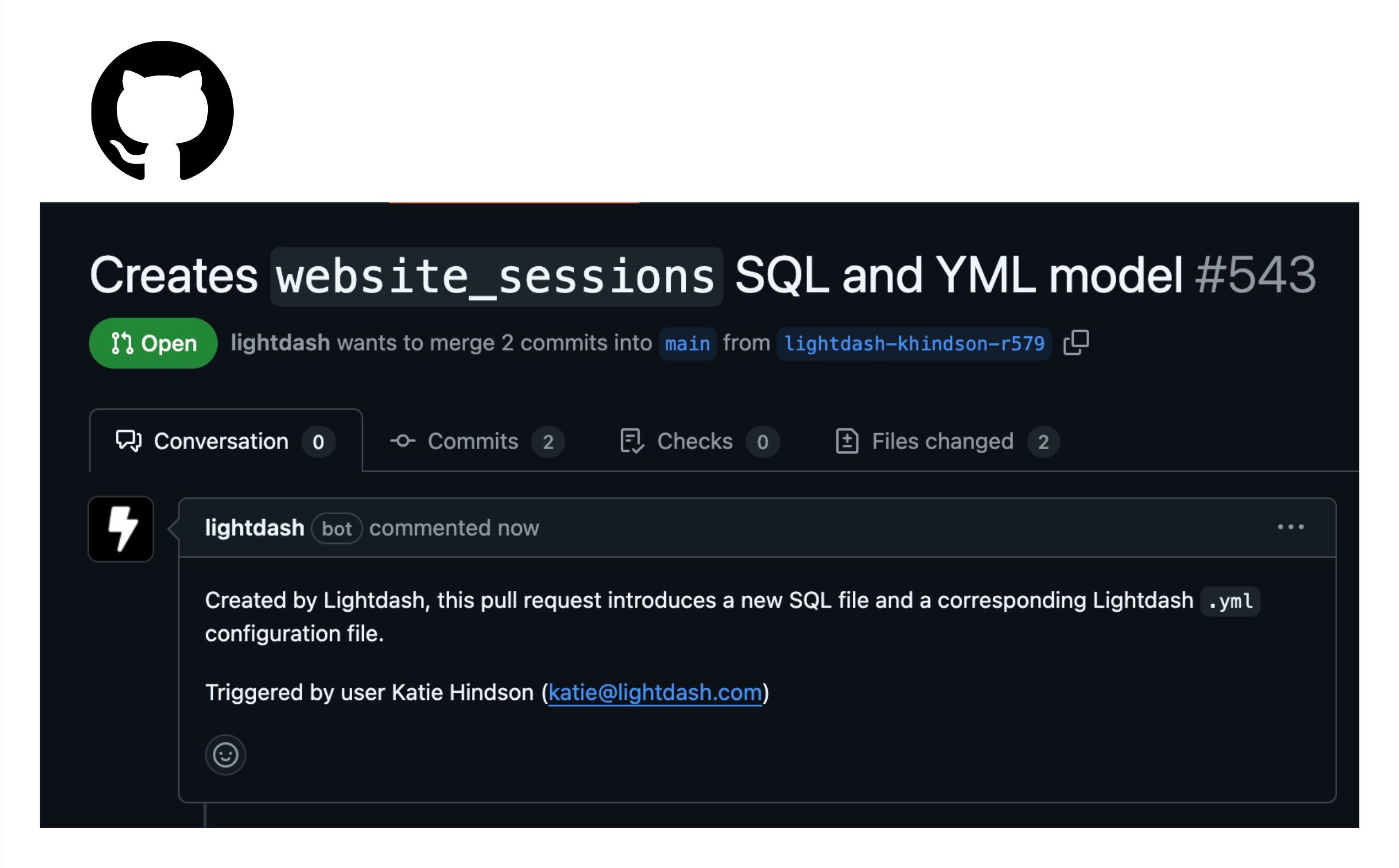 A GitHub pull request opened by Lightdash adding a SQL file and matching .yml config for a new model