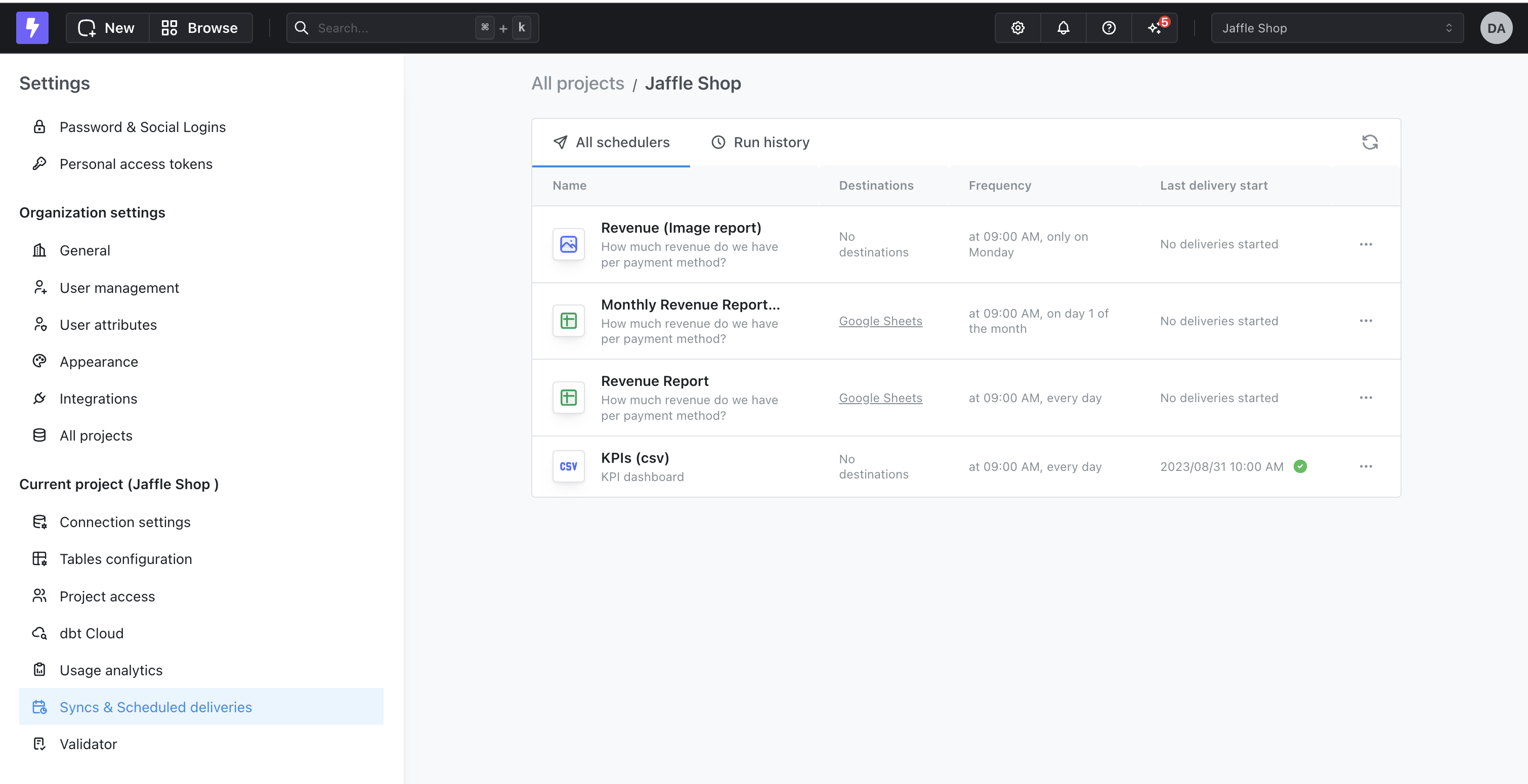 The Syncs and Scheduled deliveries settings page, listing each schedule with its destination, frequency, and last delivery