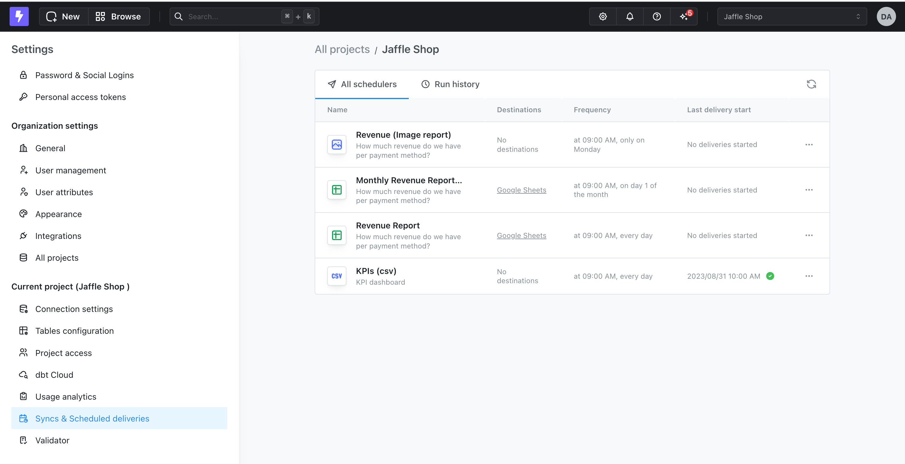 The Syncs and Scheduled deliveries settings page, listing each schedule with its destination, frequency, and last delivery