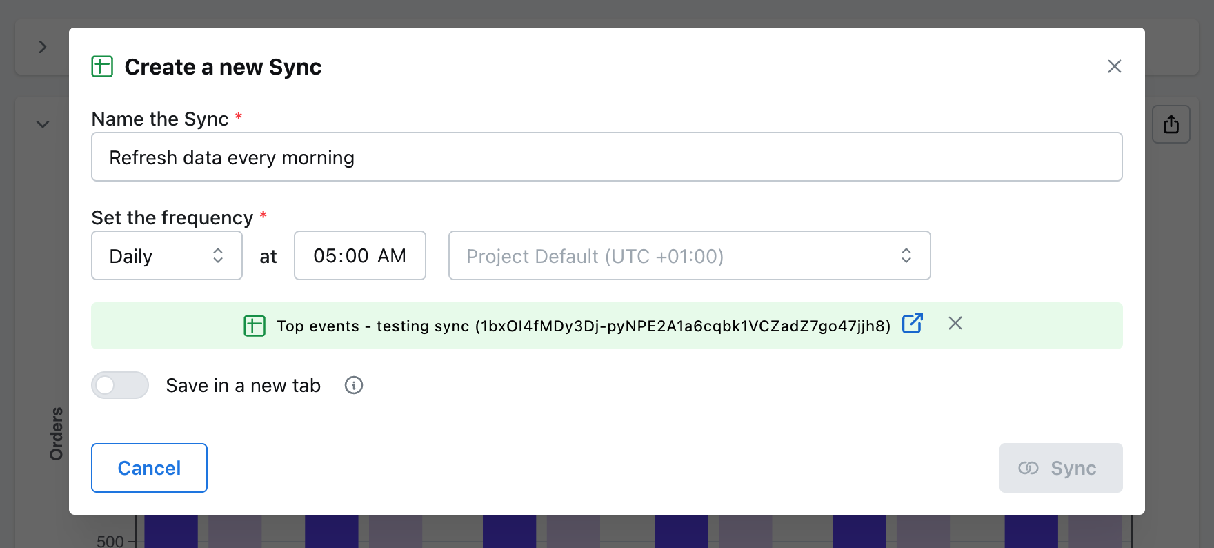The Create a new Sync modal, with fields for the sync name, frequency, target sheet, and a Save in a new tab toggle