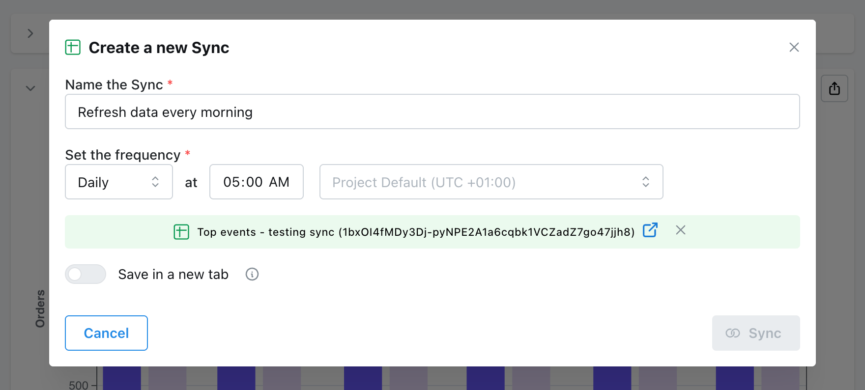 The Create a new Sync modal, with fields for the sync name, frequency, target sheet, and a Save in a new tab toggle