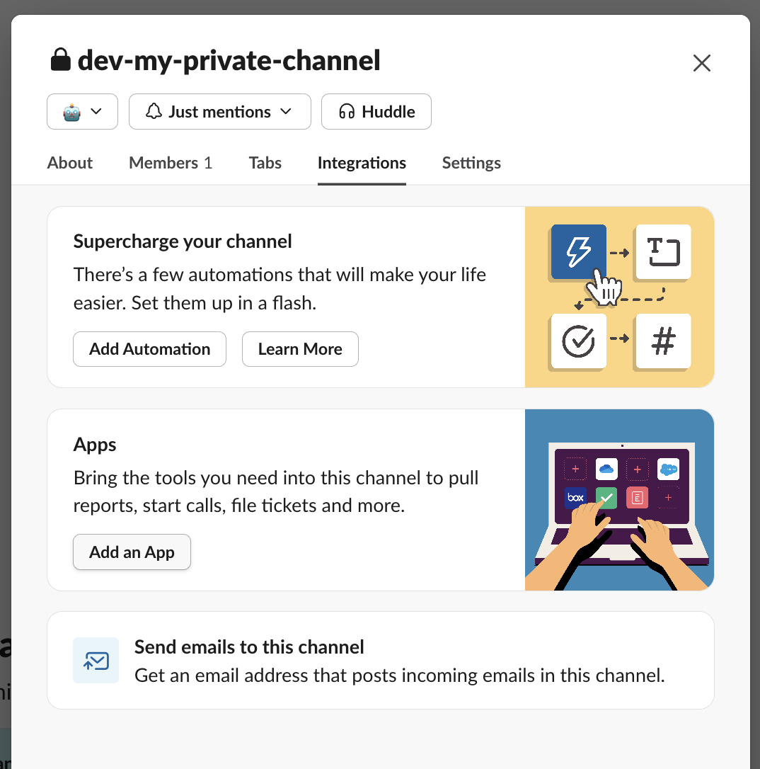 A private Slack channel's Integrations tab, with the Add an App button under the Apps section