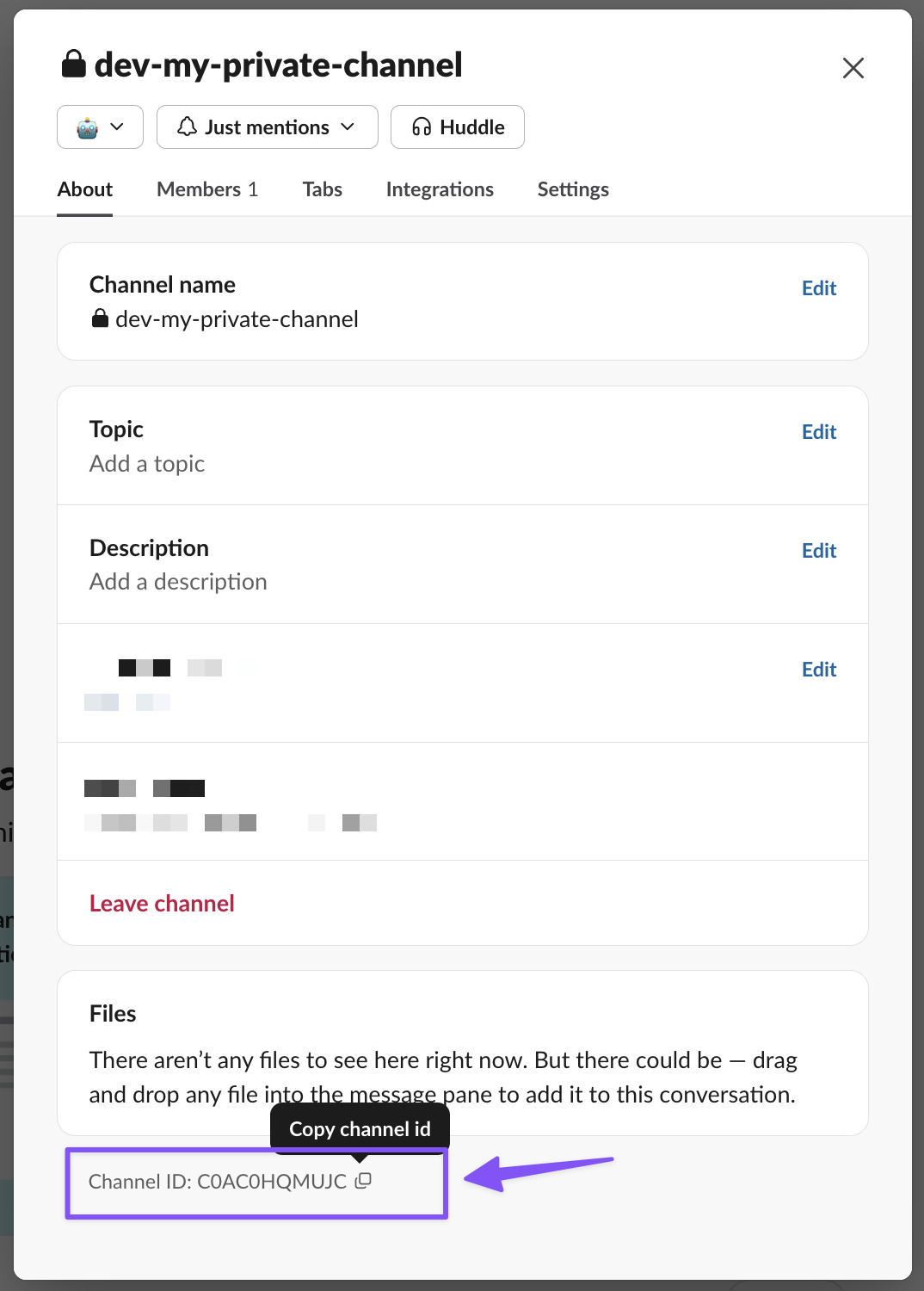 A Slack channel details modal, with the Channel ID at the bottom and its copy button highlighted