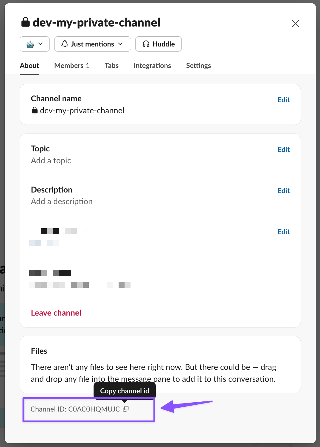 A Slack channel details modal, with the Channel ID at the bottom and its copy button highlighted