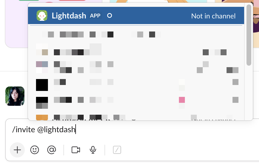 The Slack message box with /invite @lightdash typed, and the Lightdash app shown as Not in channel above it