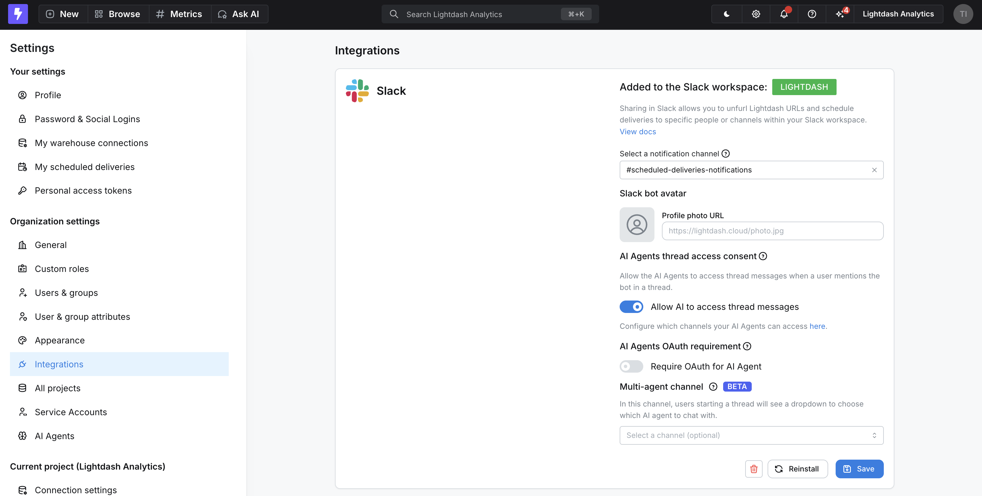 The Slack integration settings, with the notification channel, bot avatar, thread access consent, OAuth requirement, and multi-agent channel fields