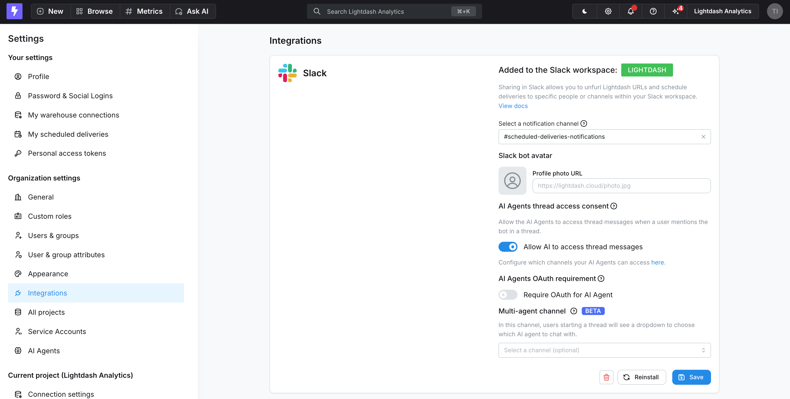 The Slack integration settings, with the notification channel, bot avatar, thread access consent, OAuth requirement, and multi-agent channel fields