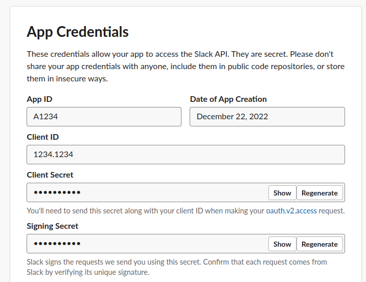 The App Credentials section of a Slack app, listing App ID, Client ID, and hidden Client Secret and Signing Secret fields
