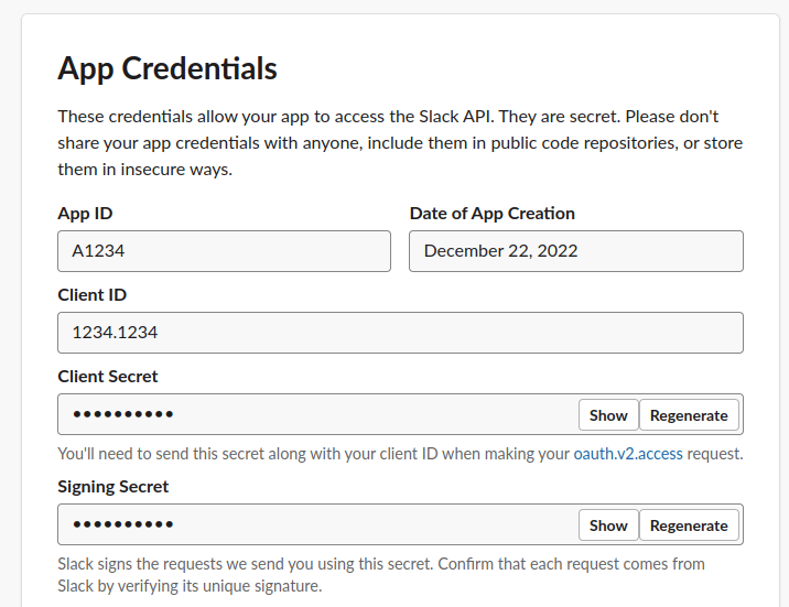 The App Credentials section of a Slack app, listing App ID, Client ID, and hidden Client Secret and Signing Secret fields