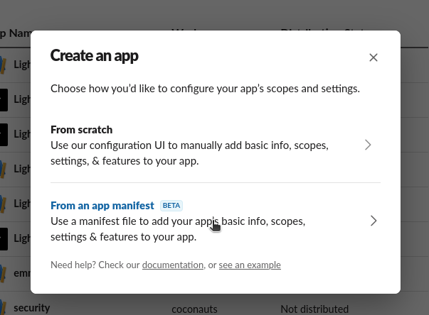 Slack's Create an app dialog offering two choices: From scratch, and From an app manifest