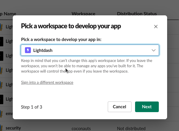 Slack's workspace picker on step 1 of 3, with a workspace selected and a Next button
