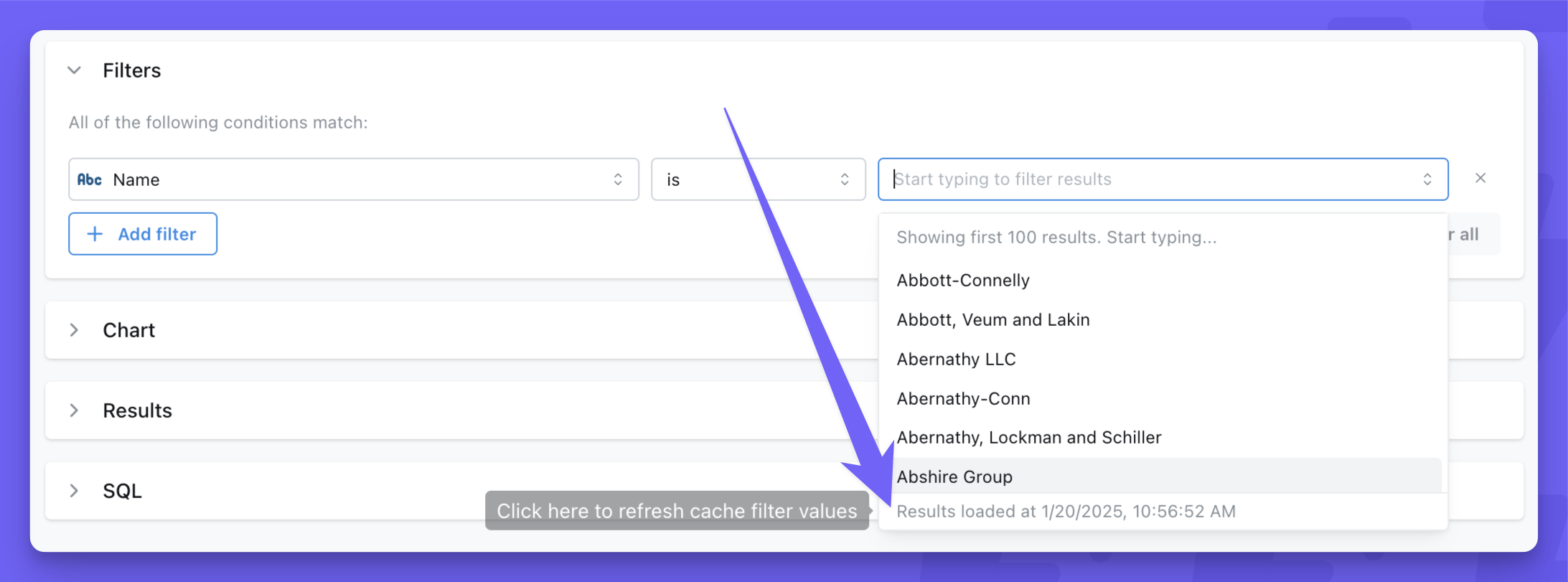 Filter value dropdown listing company names, with "Results loaded at 1/20/2025, 10:56 AM" under the last value