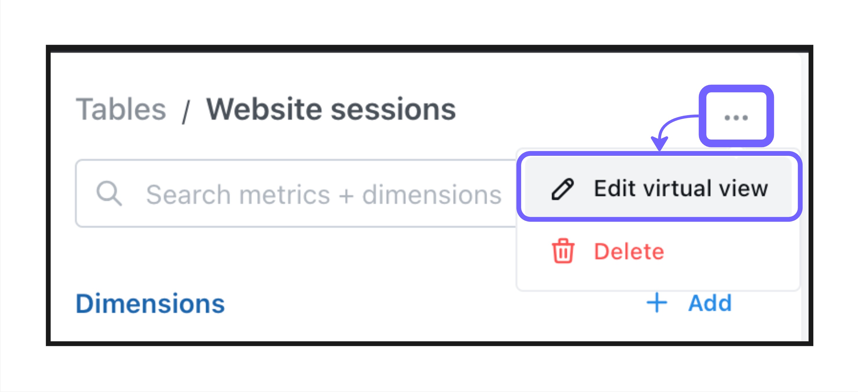 A virtual view page with the three-dot menu open, showing "Edit virtual view" and "Delete"