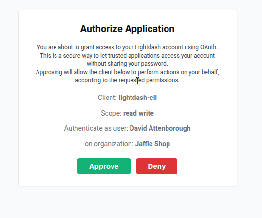 Browser Authorize Application prompt showing the lightdash-cli client, read write scope, and Approve and Deny buttons