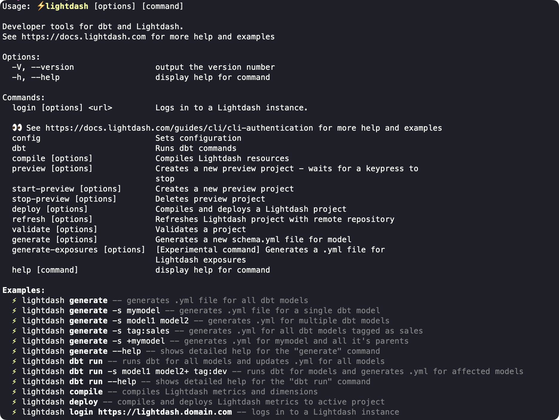 The lightdash CLI help output listing global options, every command from login to generate-exposures, and usage examples