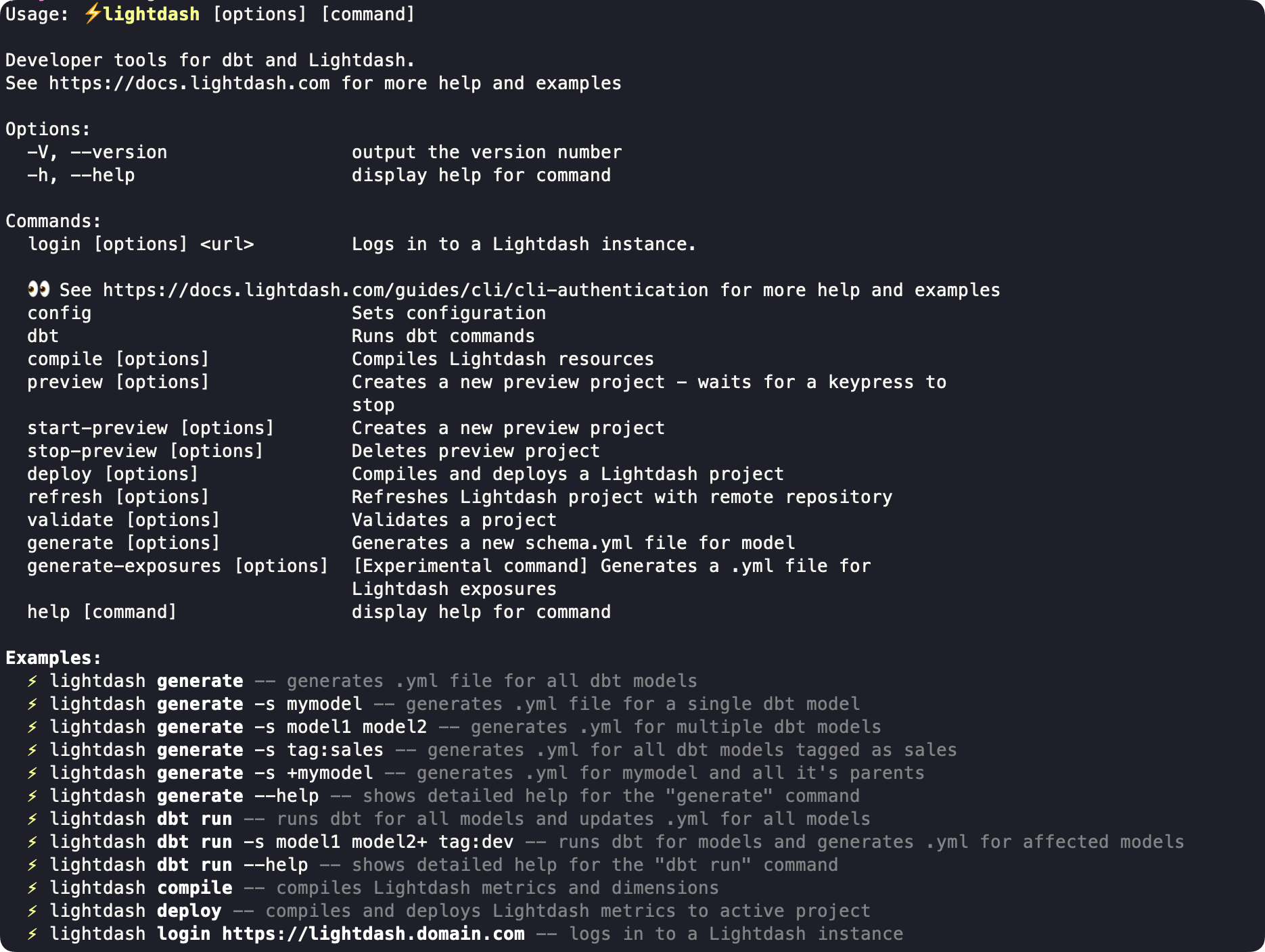 The lightdash CLI help output listing global options, every command from login to generate-exposures, and usage examples