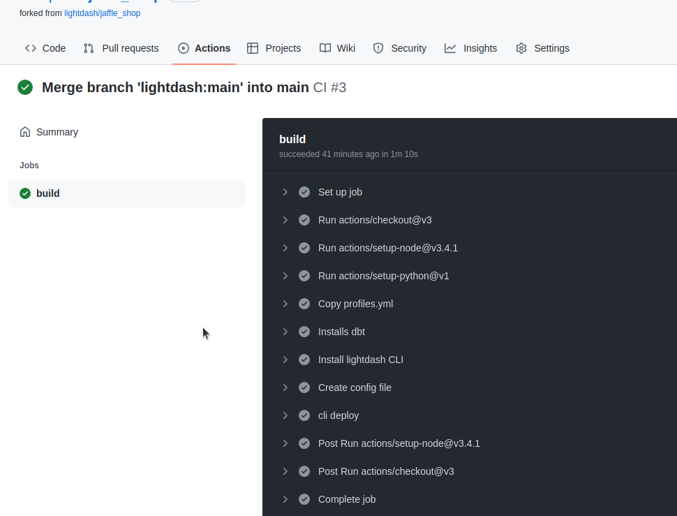 A GitHub Actions run summary with the build job succeeded and every step, from checkout through cli deploy, showing a green check