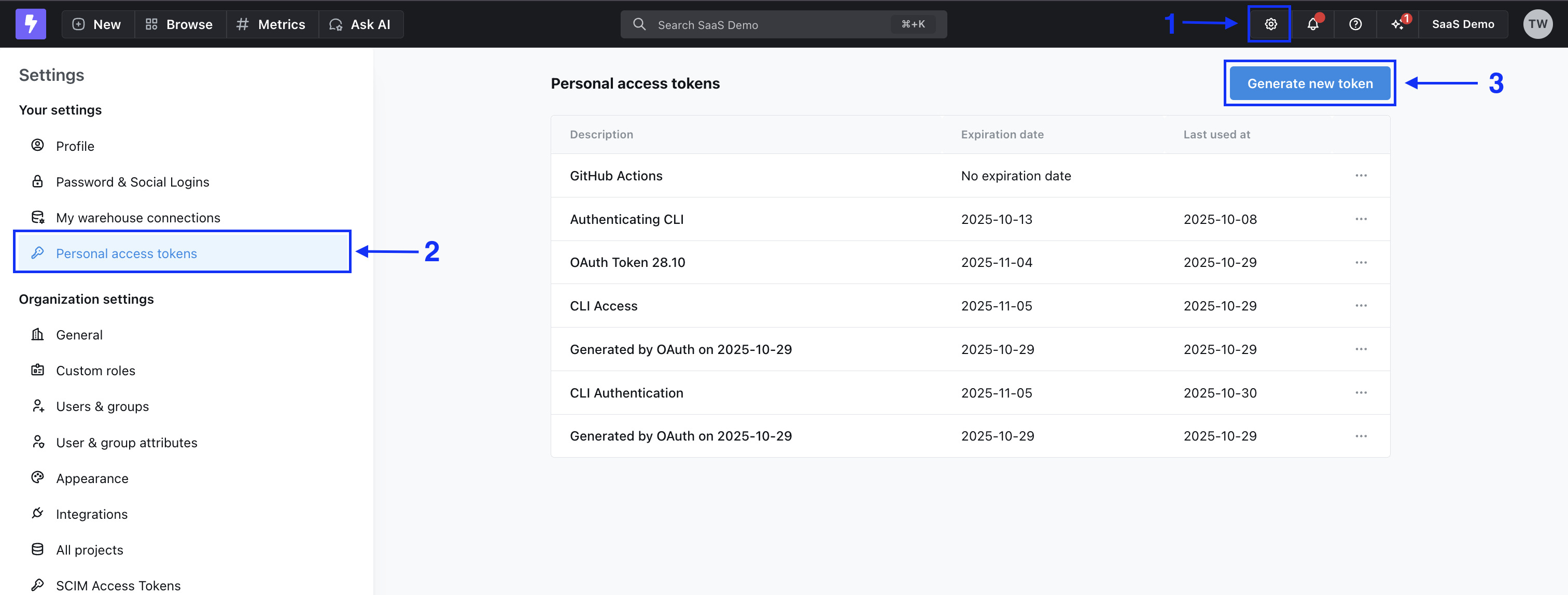 The Personal access tokens settings page listing existing tokens and their expiry dates, with Generate new token at top right