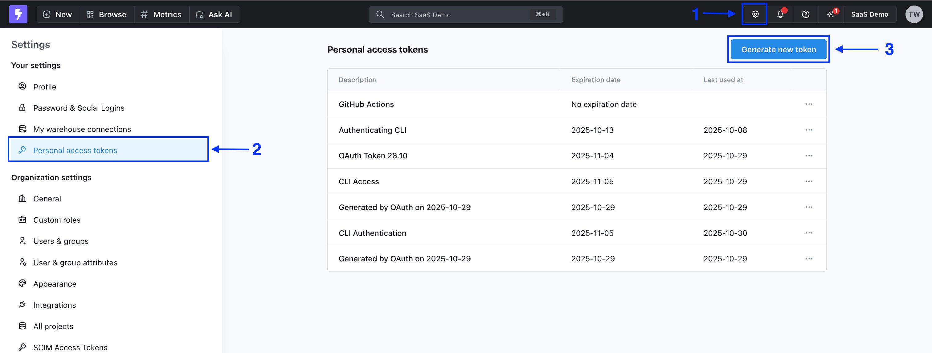 The Personal access tokens settings page listing existing tokens and their expiry dates, with Generate new token at top right