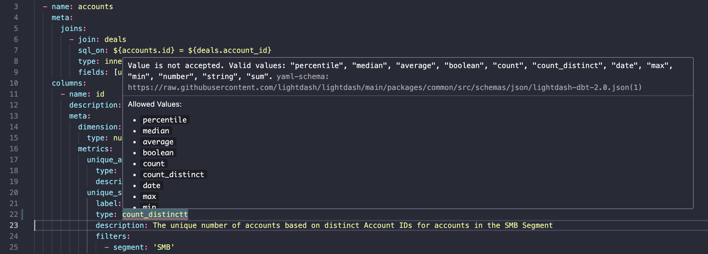 A schema.yml file in VS Code with count_distinctt underlined in red and a tooltip listing the accepted metric types