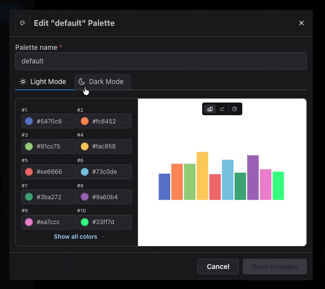 Switching between the light mode and dark mode tabs in appearance settings, each with its own palette selection