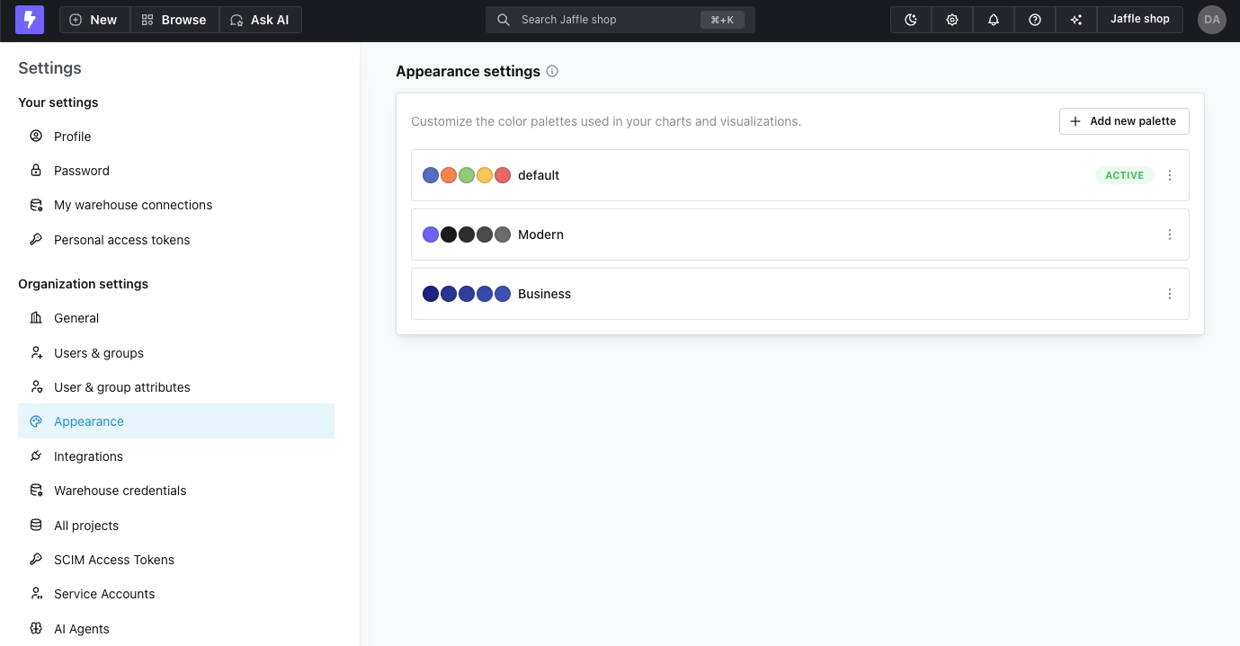 The organization appearance settings listing the available color palettes, each showing its color swatches
