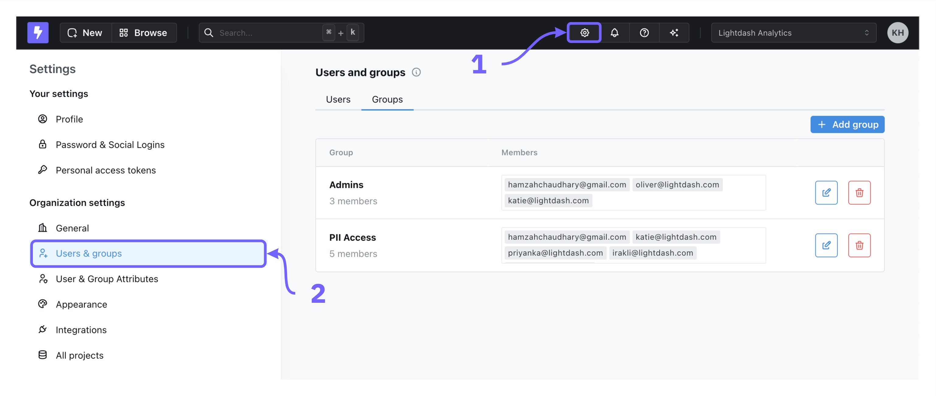 The Users & groups tab in organization settings, listing each group with its member count and an edit button