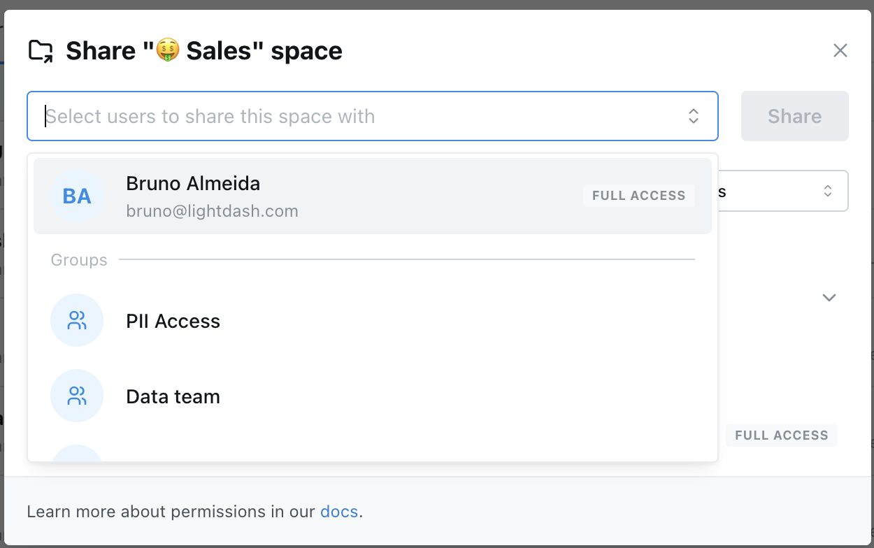 A space access panel listing users and groups, each with a dropdown set to Can view, Can edit, or Full access