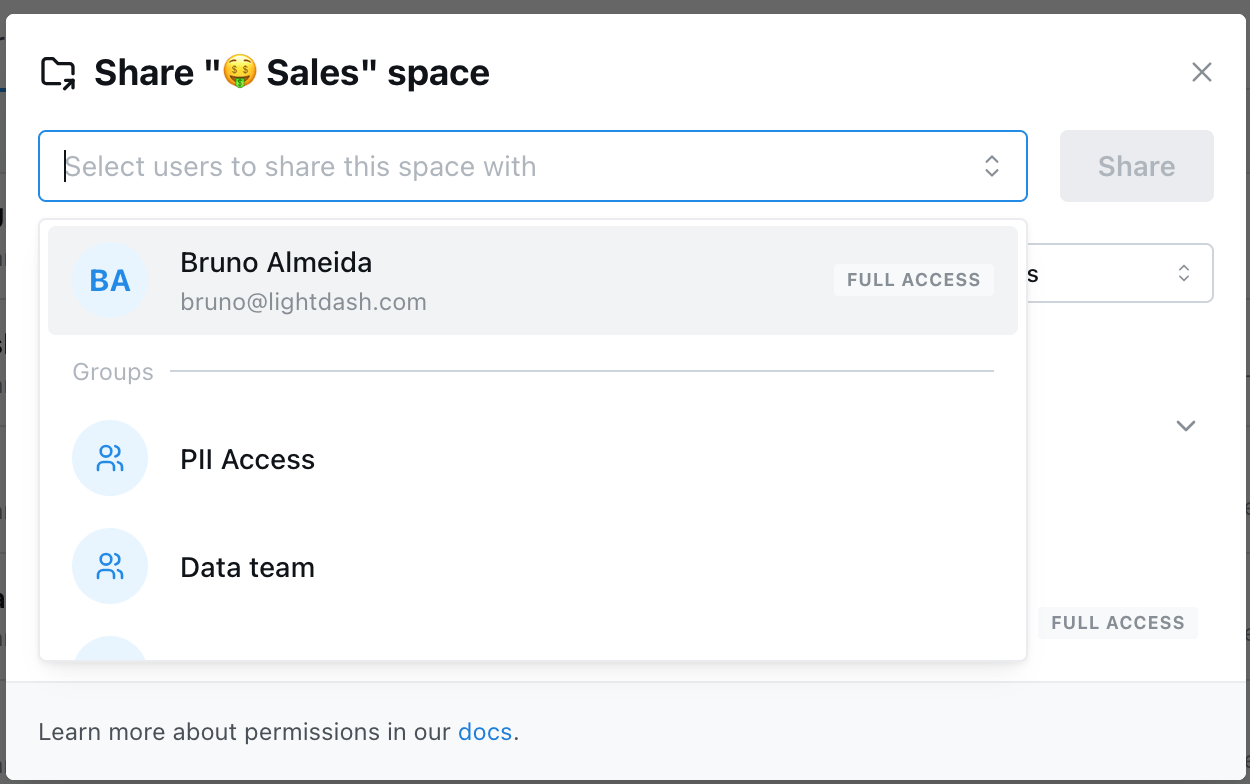 A space access panel listing users and groups, each with a dropdown set to Can view, Can edit, or Full access