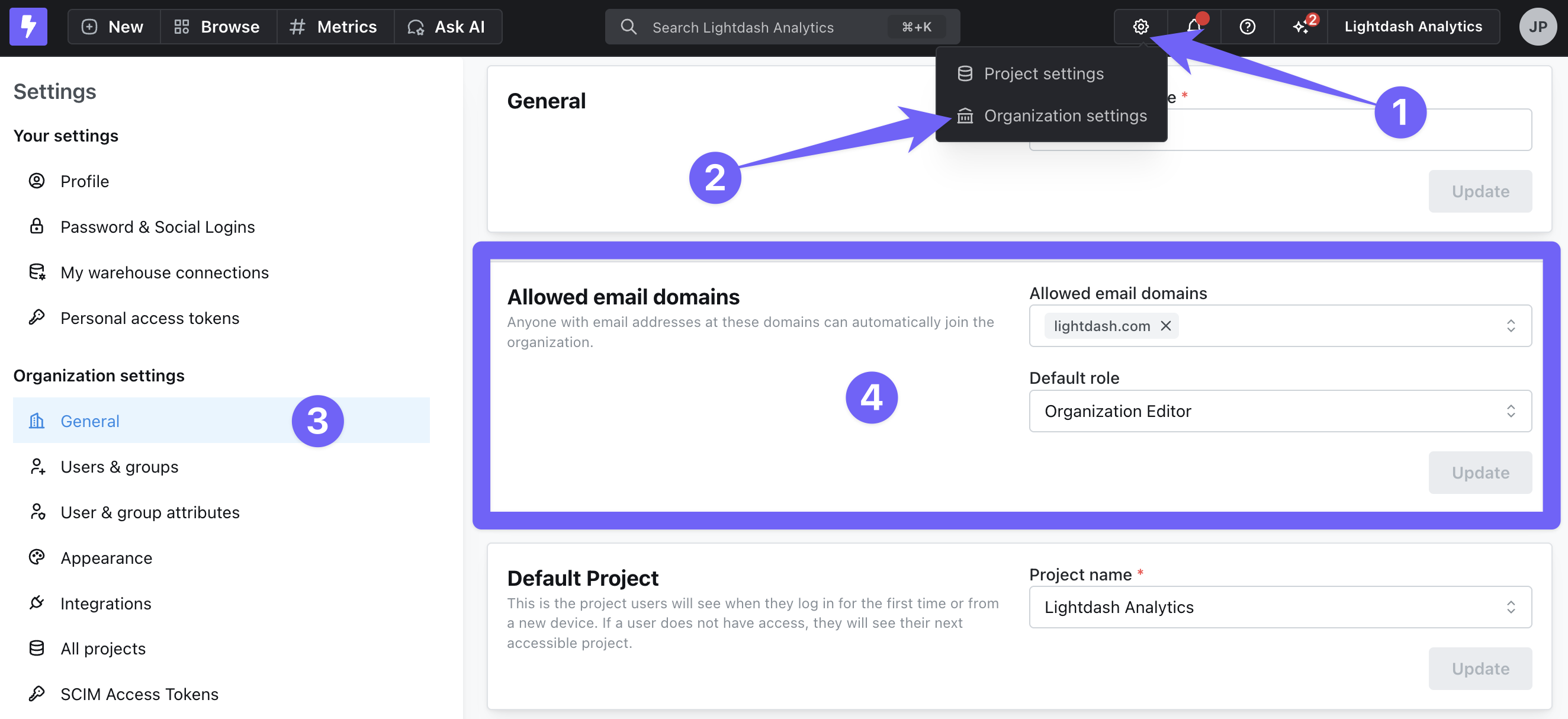 The General section of organization settings with the Allowed email domains panel