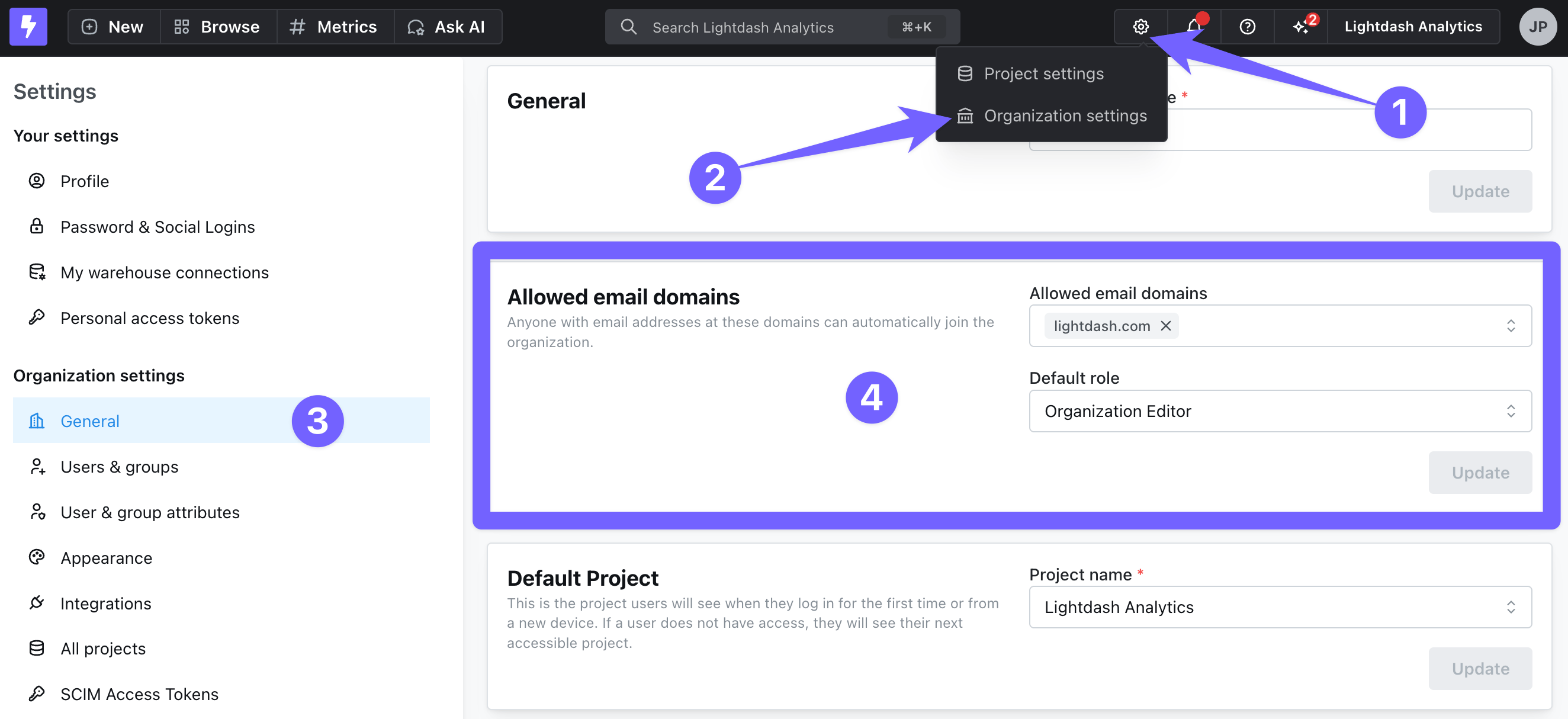 The General section of organization settings with the Allowed email domains panel