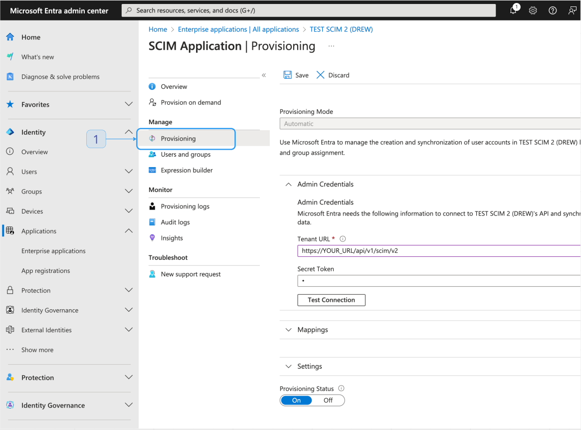 The Entra ID provisioning setup with the Tenant URL and secret token fields and a Test connection button