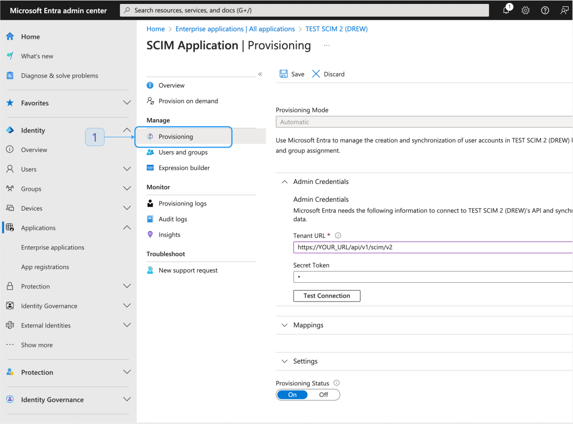 The Entra ID provisioning setup with the Tenant URL and secret token fields and a Test connection button