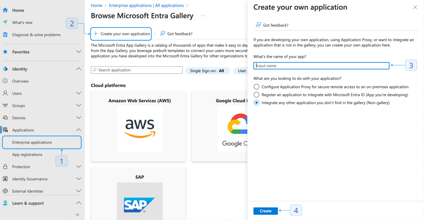 The Entra ID create-your-own-application panel with a name entered and the non-gallery option selected
