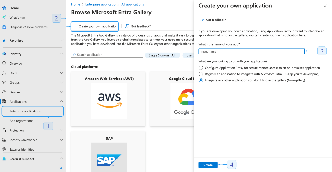 The Entra ID create-your-own-application panel with a name entered and the non-gallery option selected