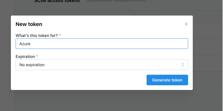 The generate token dialog with fields for a token name and an optional expiration date
