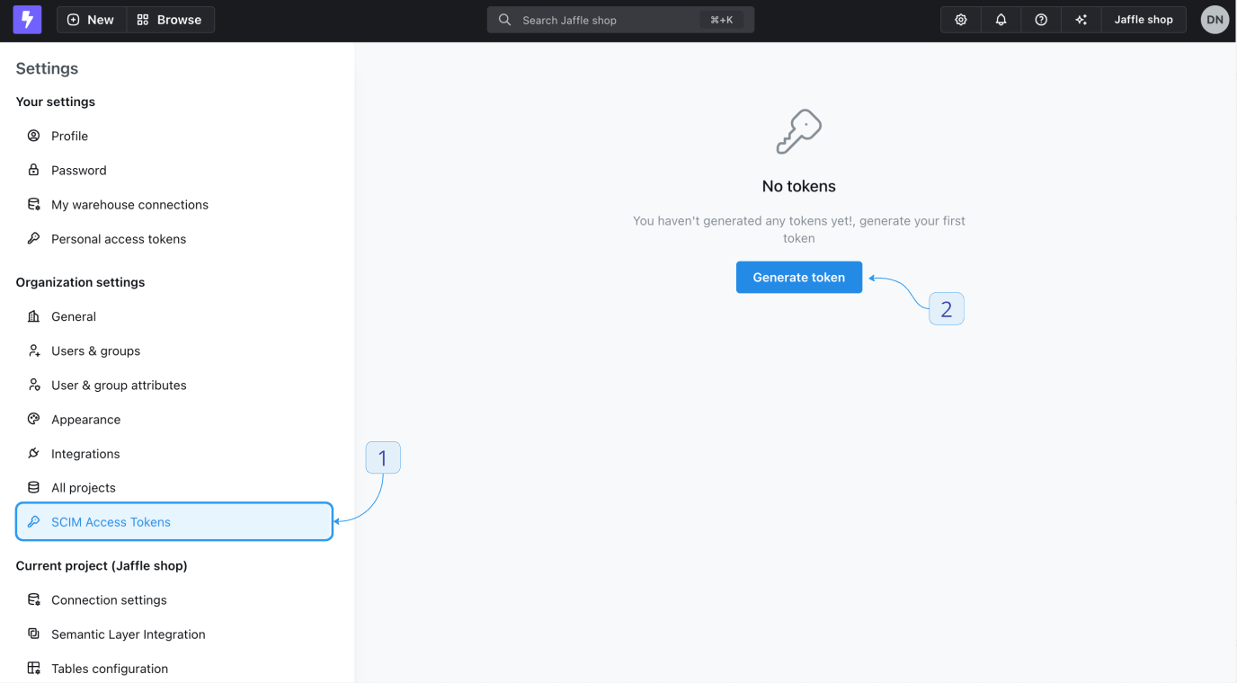 The SCIM Access Tokens page in user settings, with an empty token list and a Generate new token button