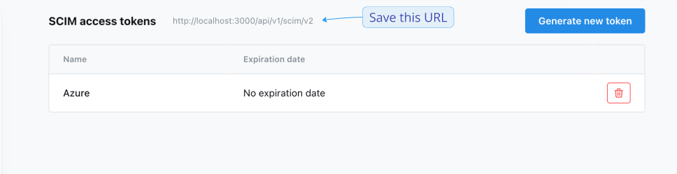 The SCIM URL displayed at the top of the SCIM Access Tokens page above the list of tokens
