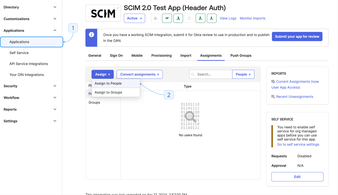 The Okta Assignments tab with a user assigned to the application
