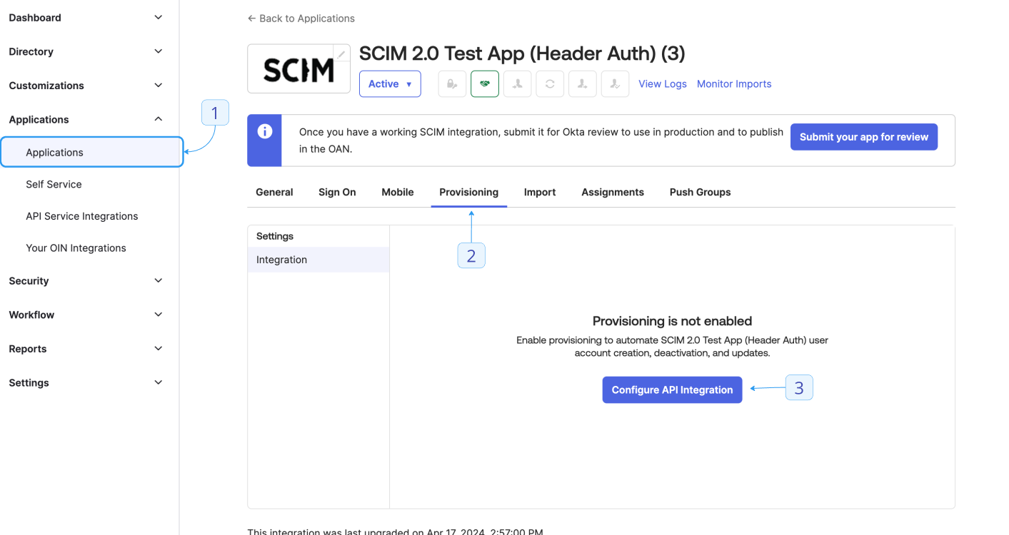 The Okta Configure API Integration screen with fields for the SCIM base URL and API token