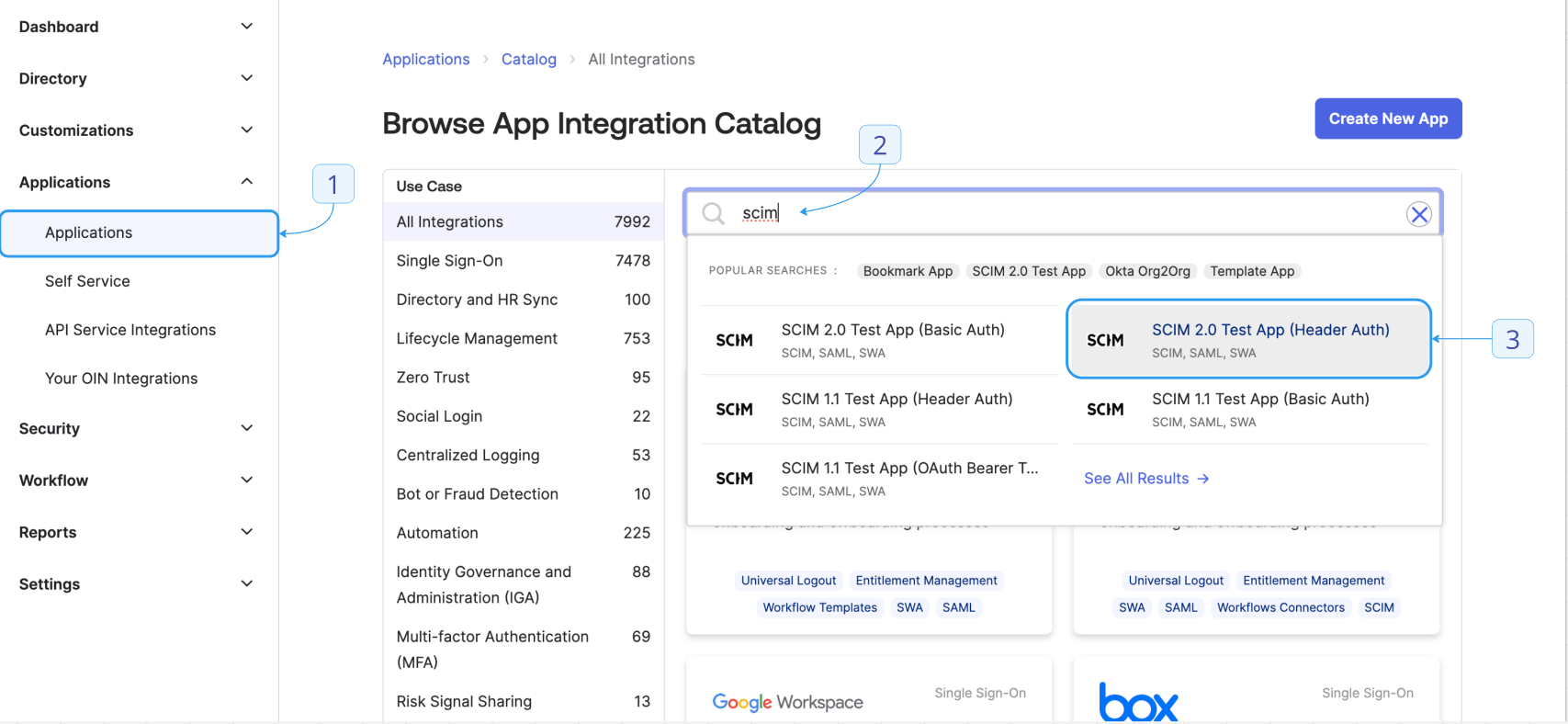The Okta app catalog with SCIM 2.0 Test App (Header Auth) selected and its Add Integration button