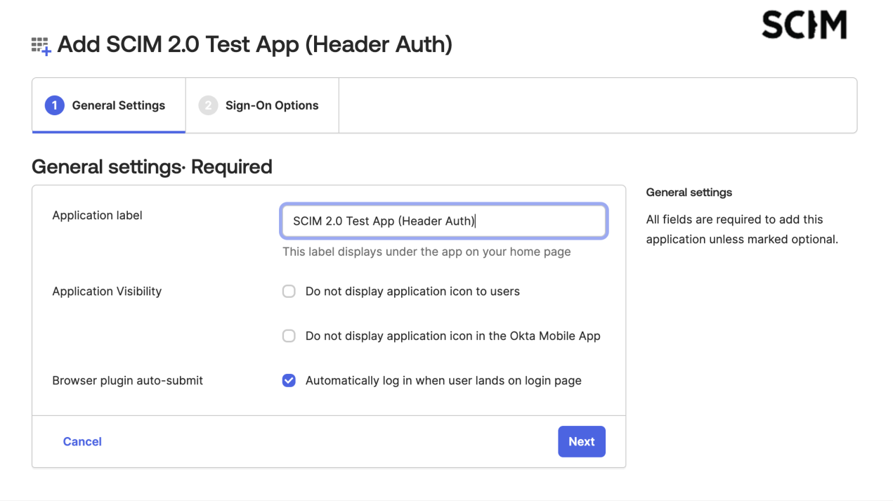 The Okta general settings step for the new integration, with the application label field filled in