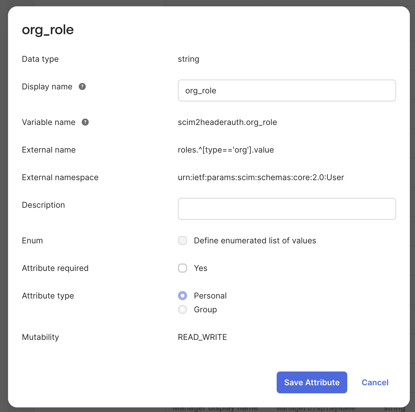 The Okta profile editor add-attribute form filled in for the org_role attribute