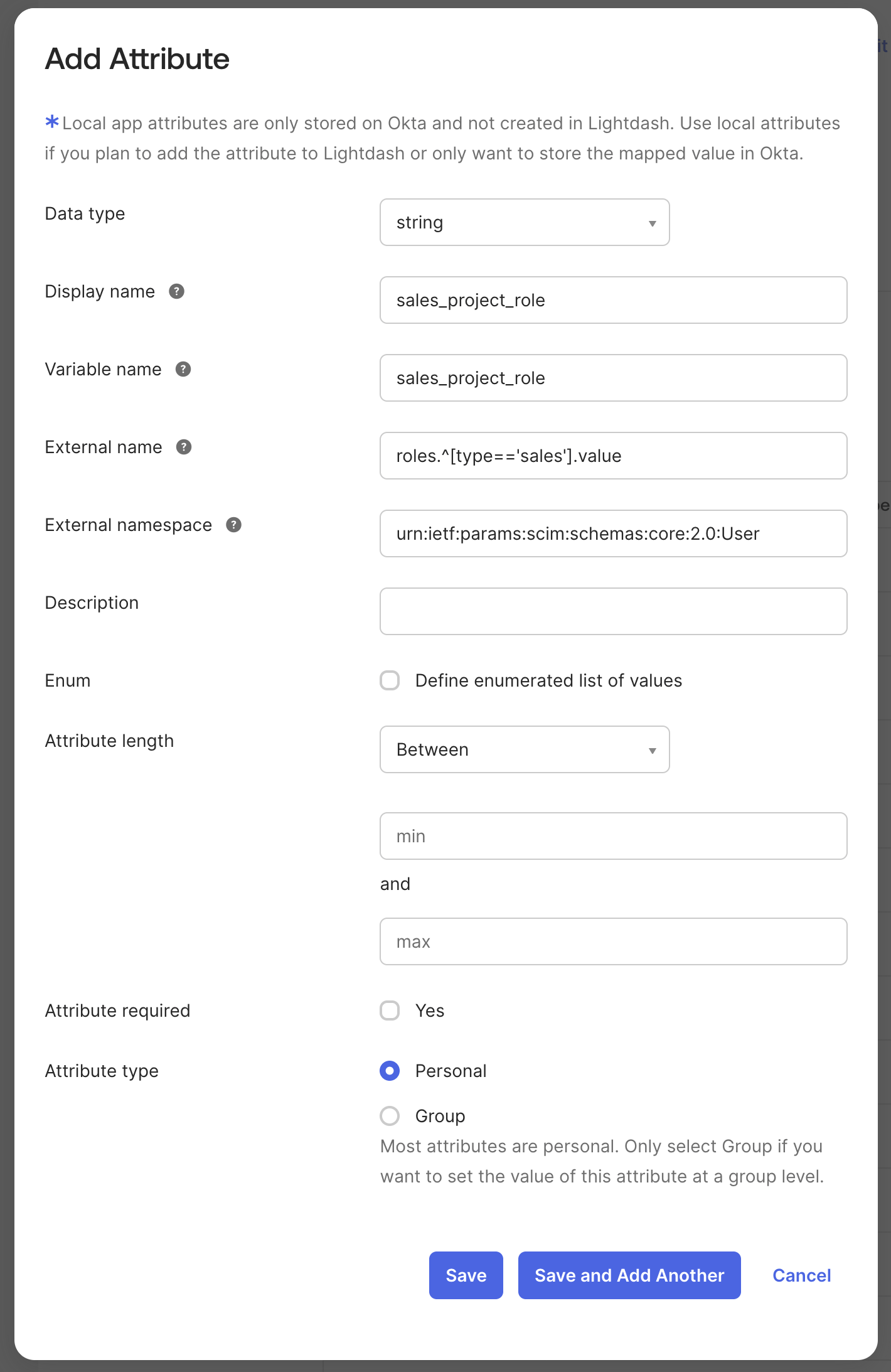 The Okta profile editor add-attribute form filled in for the project_role attribute