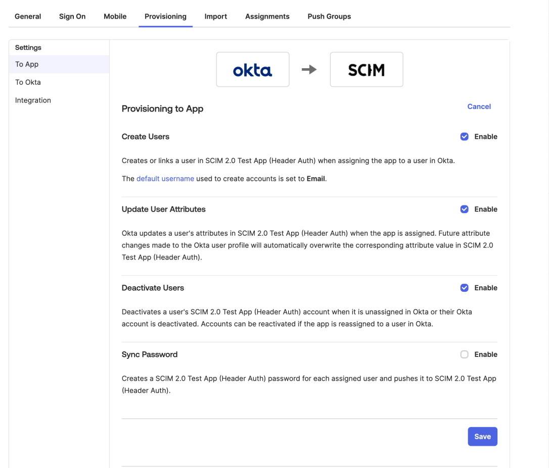 The Provisioning tab of the Okta application before any API integration is configured