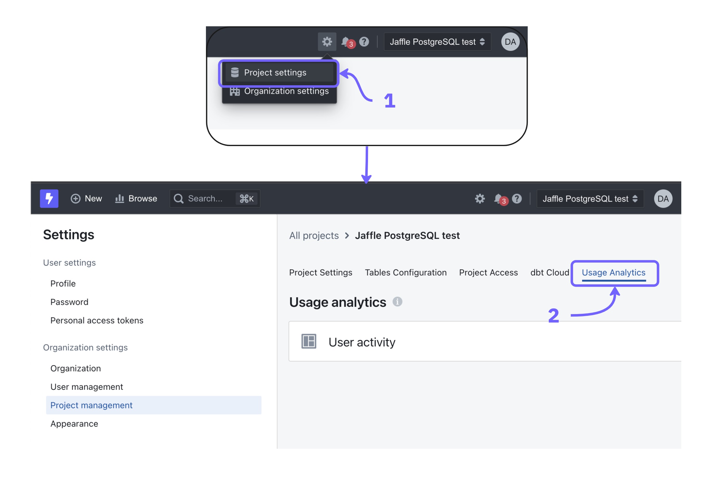 The usage analytics entry in the project settings menu