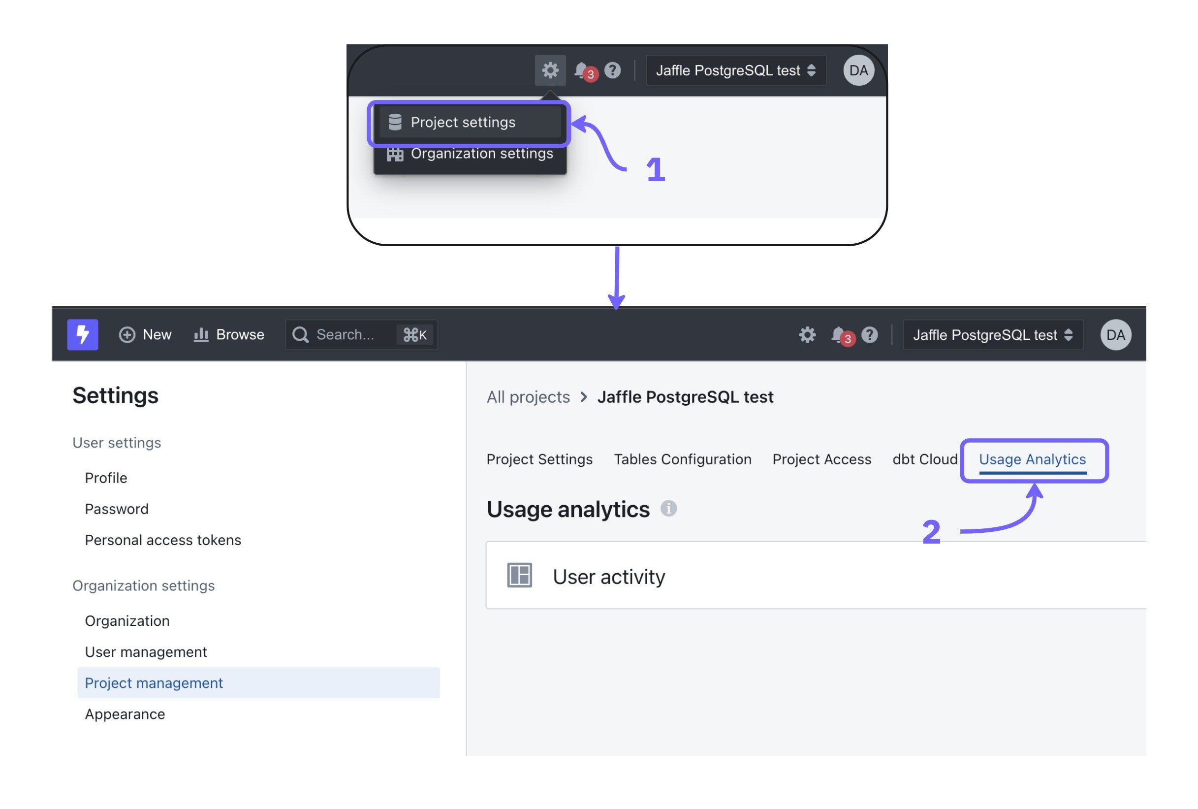 The usage analytics entry in the project settings menu